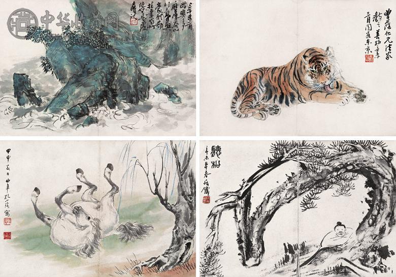 张善孖 孔小瑜 钱瘦铁等 花鸟山水集册 册页(8开选4) 设色纸本