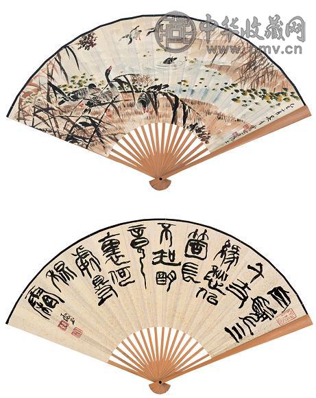 吴青霞 芦雁 成扇 设色纸本