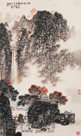 钱松嵒 溪山胜概 立轴 设色纸本