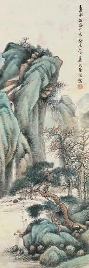 陆恢 1883年作 秋山观瀑图 轴 纸本设色