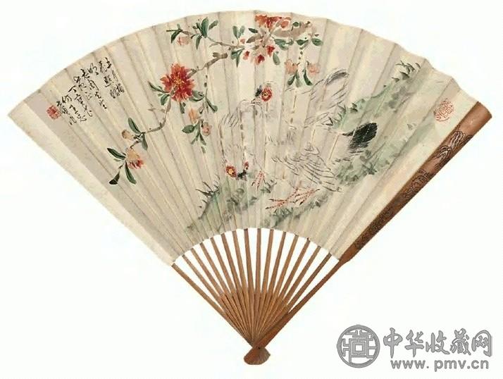 丁宝书 双鸡(背面郑孝胥书法) 成扇 设色纸本