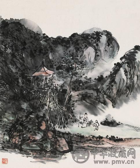 黄宾虹 溪山待渡图 立轴 设色纸本