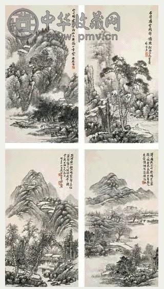 吴涛 1893年作 山水四图 四屏 水墨纸本