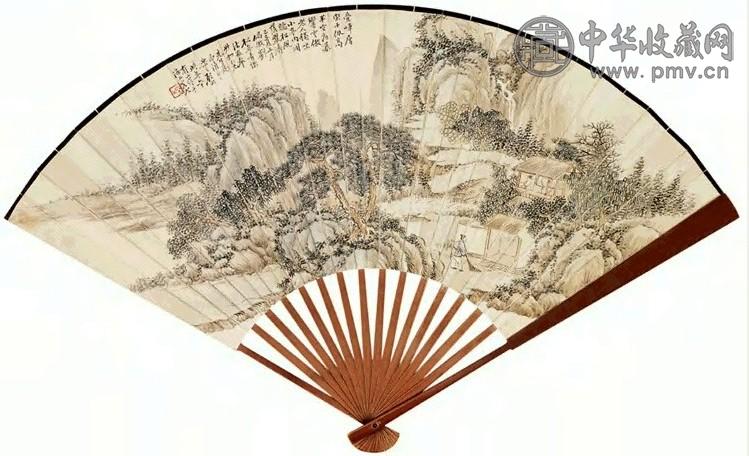 顾颐 祝书元 山水 书法 成扇 设色纸本