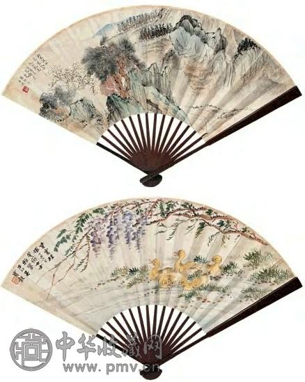 应野平 吴宝谷 松风图 游鸭图 成扇 设色纸本