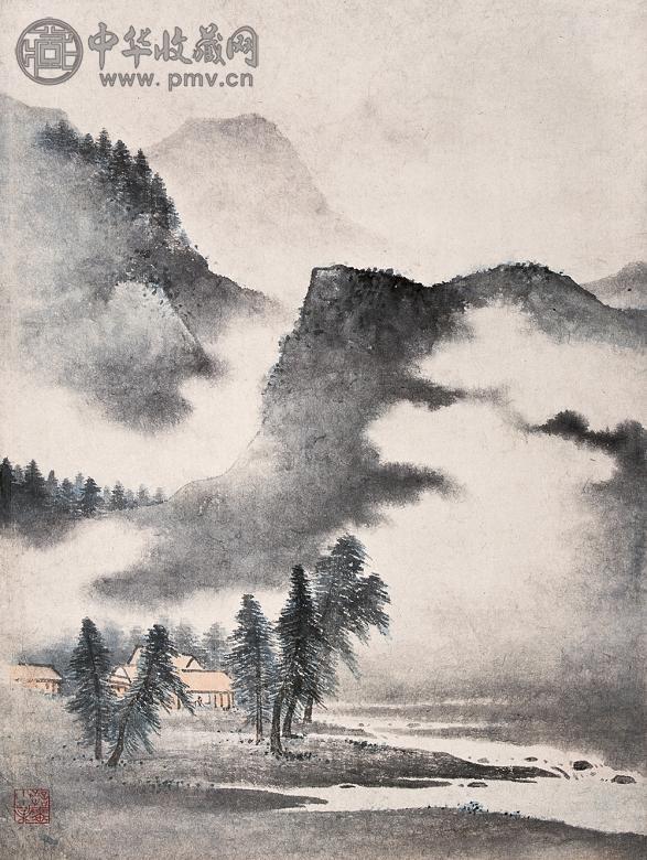 陈少梅 山林晨烟 镜心 设色纸本