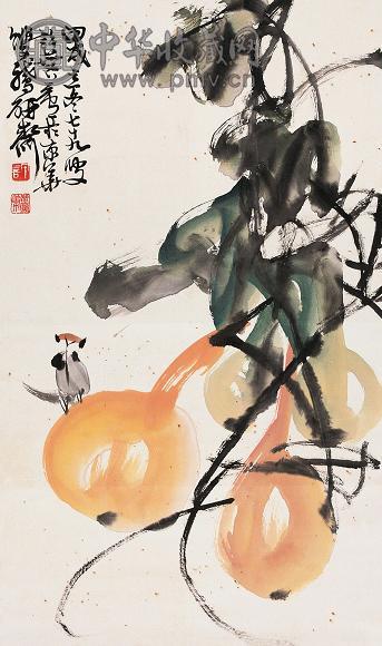 许麟庐 1994年作 葫芦小鸟图 立轴 设色纸本