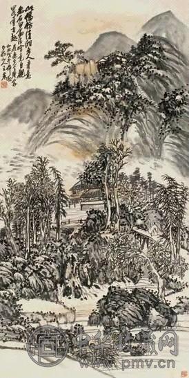 王震 1918年作 青山十亭图轴 立轴 水墨纸本