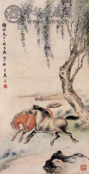 马晋 1963年作 双马 立轴 设色纸本