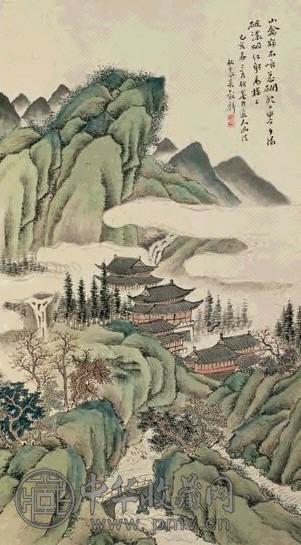 吴穀祥 己亥(1899年)作 青山楼宇 立轴 设色纸本