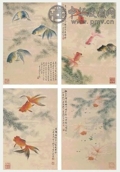 陶冷月 金鱼 四屏 设色纸本