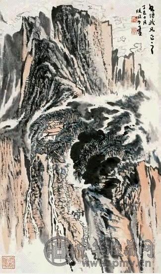 陆俨少 石梁归樵 镜心 设色纸本