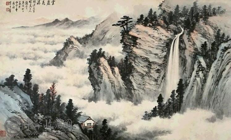 黄君璧 1970年作 云岩飞瀑 镜心 设色纸本