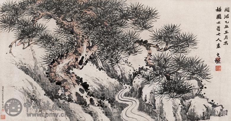 赵之谦 同治乙丑(1865年)作 巨松鸣泉图 立轴 设色纸本