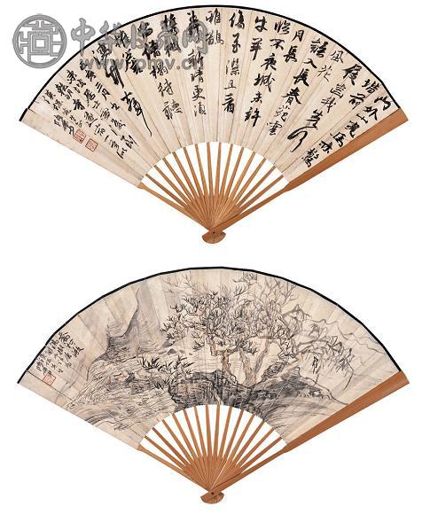 陆俨少 1959年作 乔柯激湍 成扇 设色纸本