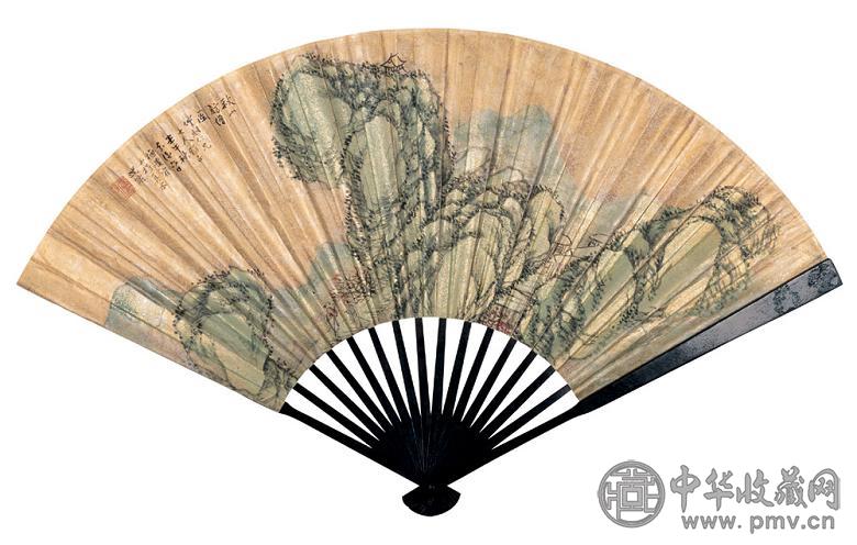 沈铨 1942年作 秋山访僧图及行书 成扇 设色洒金