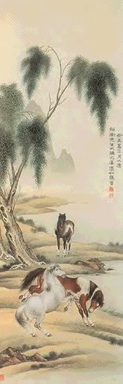 近现代 马晋 三马图 轴