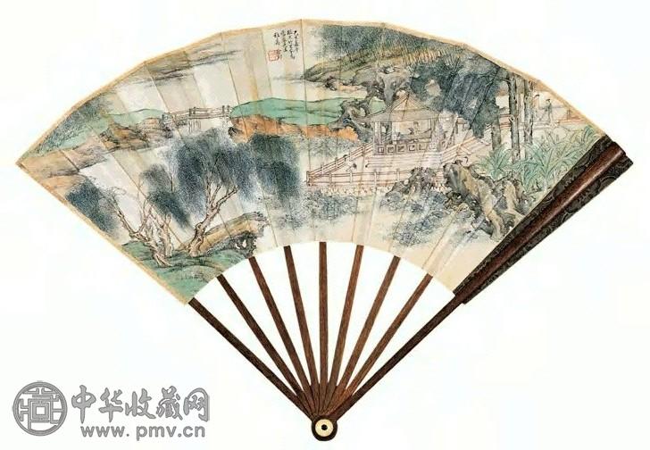 1929年 叶昀 梧轩观鹤图并隶书临华山碑 成扇 设色纸本