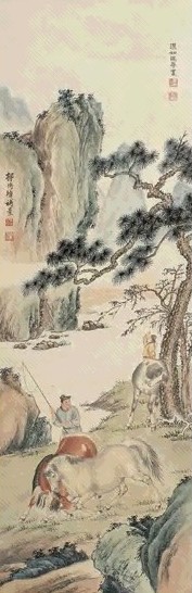 马晋 郭传璋 牧马图 立轴 设色纸本