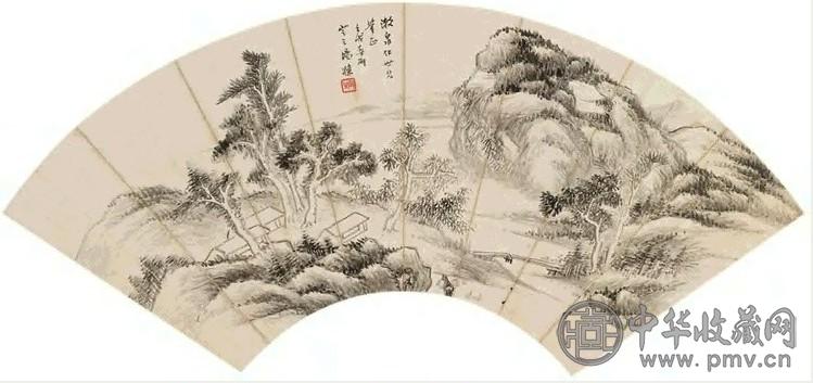 吴滔 秋林亭子图 扇面 水墨纸本