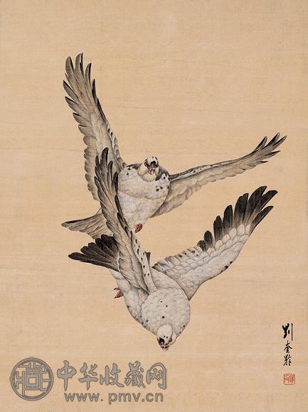 刘奎龄 双鸽 立轴 设色绢本