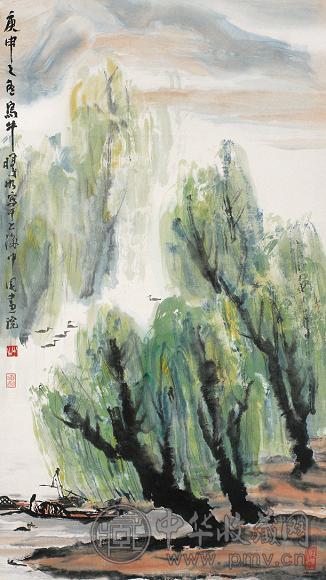 林曦明 1980年作 春到渔湾图 立轴 设色纸本