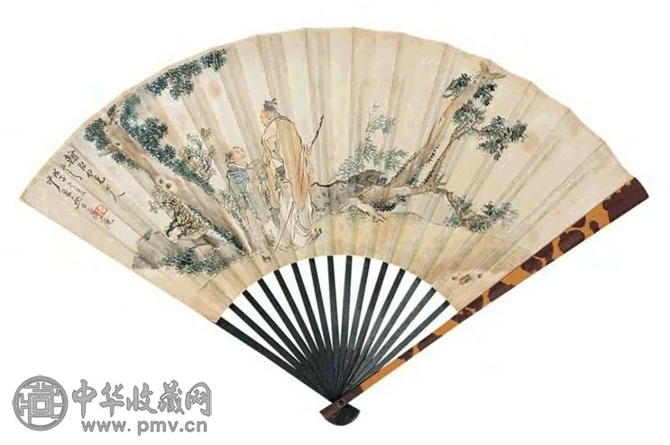沙馥 1888年作 梧桐高士 成扇 设色纸本