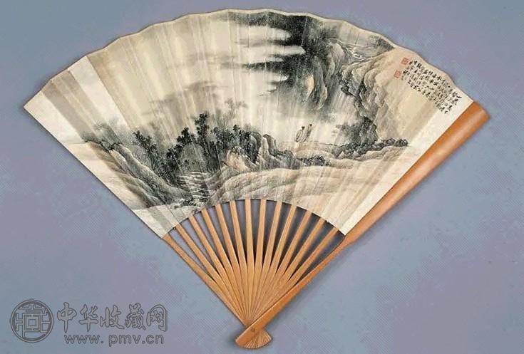 祁崑 1932年作 仿樊圻山水 扇面 设色纸本