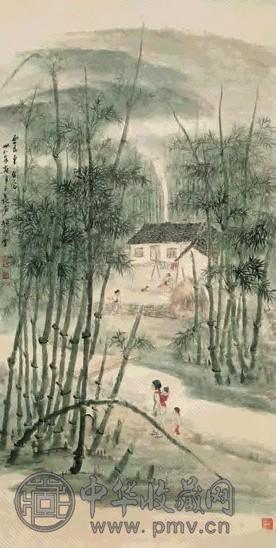 赵望云 1949年作 竹林村居 立轴 设色纸本