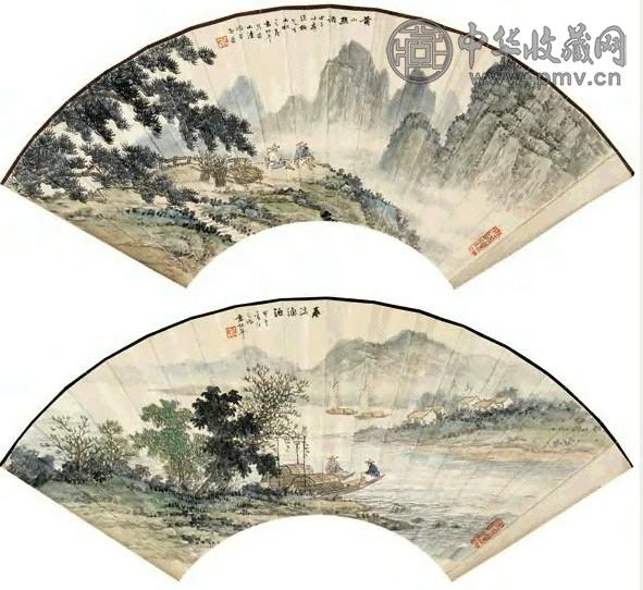 近现代 袁松年 春溪渔泊 扇面