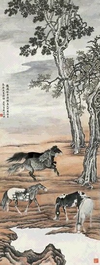 近现代 沈塘 临钱南园五马图 轴