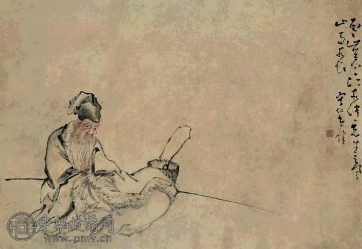 黄慎 寒江垂钓 镜心 设色纸本