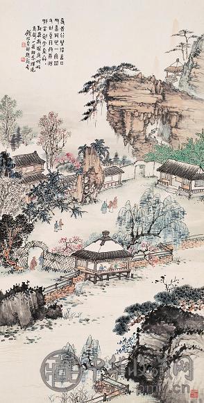 钱松嵒 春日雅集 立轴 设色纸本