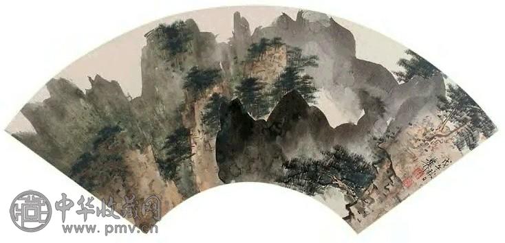 谢稚柳 戊午(1978年)作 青山白云图 扇面 设色纸本