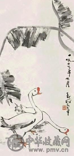 费新我 丁巳(1977年)作 双鹅图 中堂 设色纸本