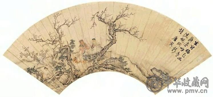 唐寅 看梅图 扇面 设色金笺