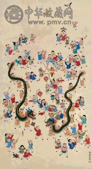 陈大章 百子闹元宵 立轴 设色纸本