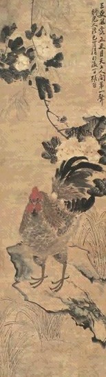 张熊 鸡鸣风露 立轴 设色纸本