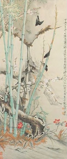 于非闇 丁丑(1937年)作 春雪桃花 立轴 设色纸本