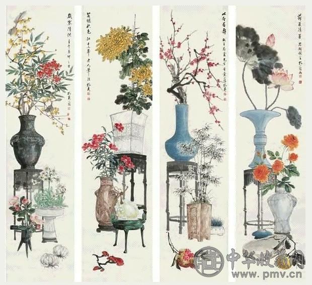 孔小瑜 博古图 四屏 设色纸本