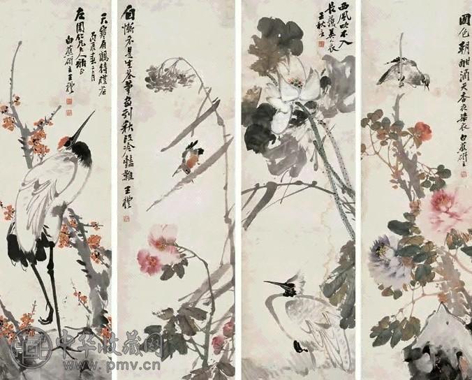王礼 丙辰(1856年)作 花鸟 四屏 设色纸本