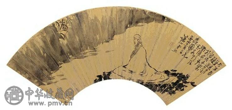 任熊 1850年作 伟岸独立图 扇面 金笺水墨