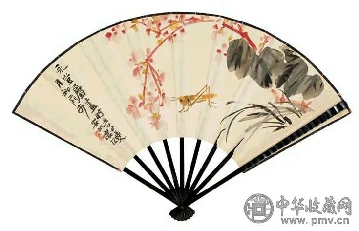 来楚生 海棠蚱蜢 成扇 设色笺本