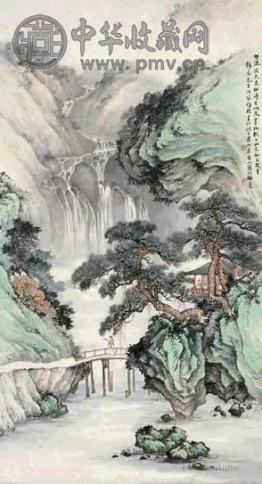 房虎卿 怒瀑松涛图 立轴 设色纸本