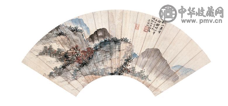 吴湖帆 1930年作 秋山萧寺图 扇面 纸本设色