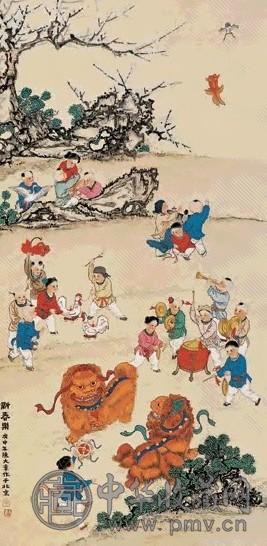 陈大章 庚申(1980年)作 新春乐图 轴 纸本设色