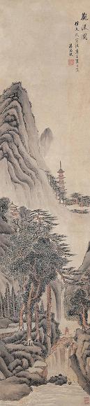 潘思牧 1840年作 观瀑图 立轴 设色纸本