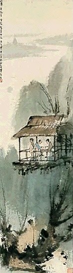 傅抱石 1944年作 柳亭对奕 立轴 纸本设色