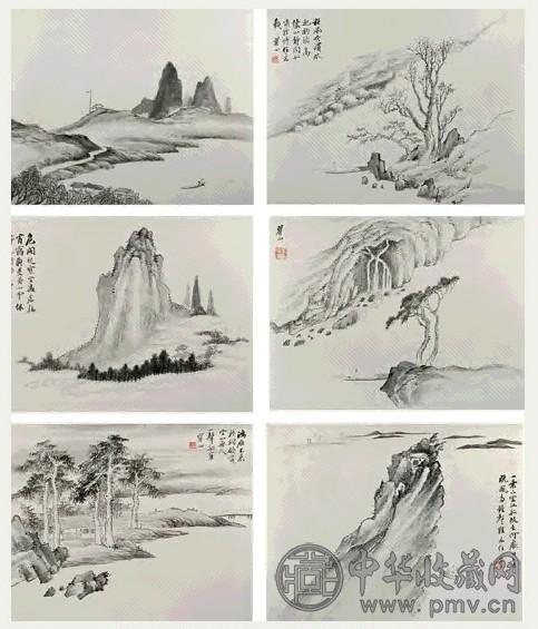 叶振家 丙辰(1916年)作 临梅清山水册 册页 十二开 水墨纸本