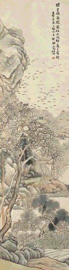 任预 秋山古树图 立轴 设色纸本